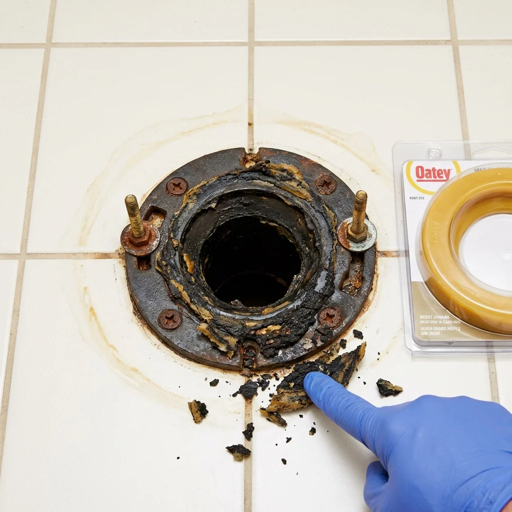 Failed wax ring showing water seepage at the base of a toilet in a Glencoe, MN home