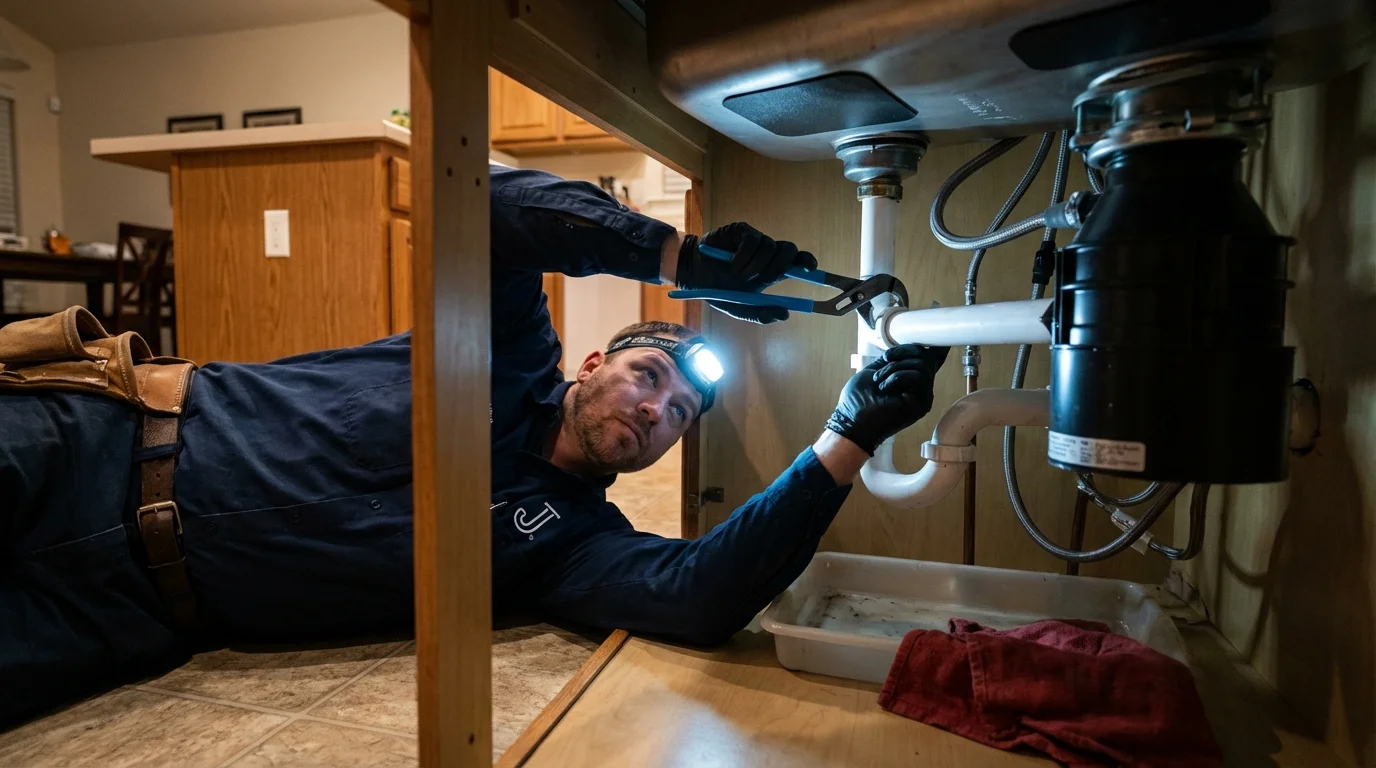 P-trap and supply line connections under a kitchen sink showing a common leak point in Glencoe, MN